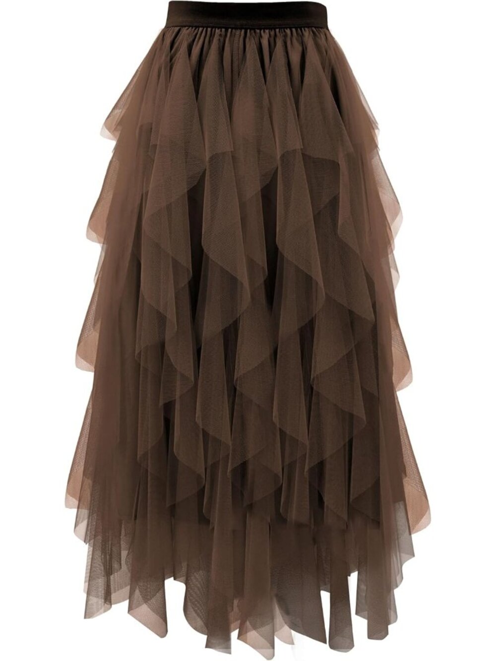 Women's Brown High Waist Layered Tulle Mesh Ruffle Asymmetric Midi Tutu Skirt
